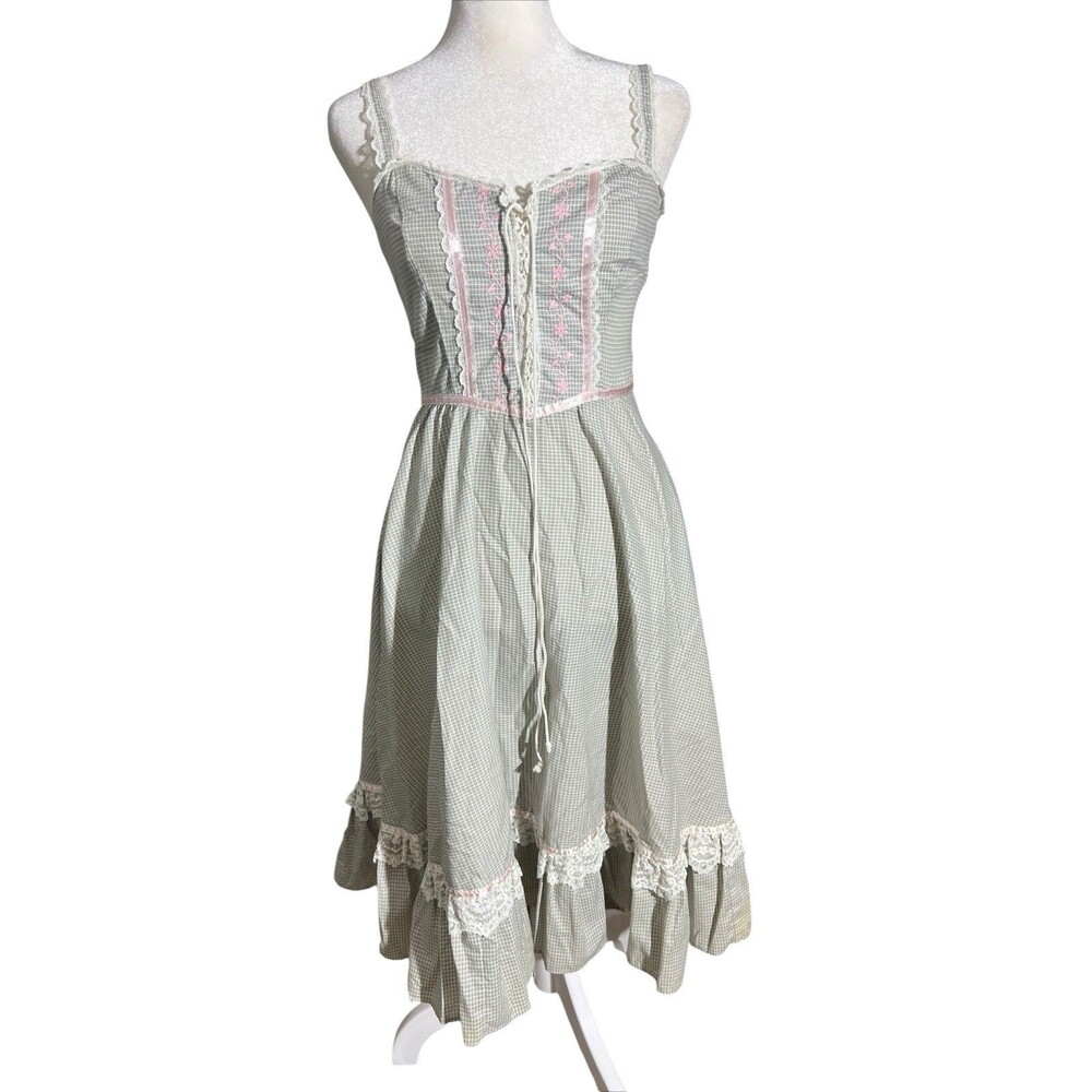 VTG Gunne Sax Prairie Dress 1970’s Plaid Sleeveless Lace Trim Floral Sz 5